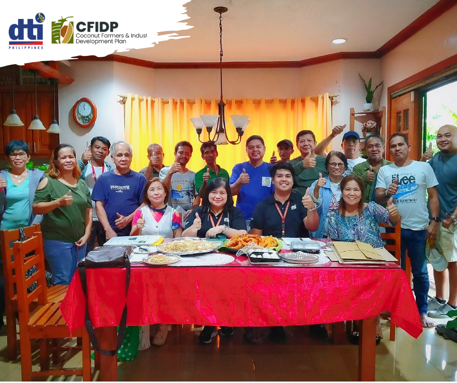 Ms. Anna Marie V. Quincina (Chief Business Development Division), Mr. Lawrence Joseph L. Velasco (CFIDP Project Coordinator), and Ms. Joyce Layesa (Business Counselor of Negosyo Center Pagbilao), together with Pagbilao Cocofarmers Federation, headed by Ms. Rosalie T. Batucabe. 