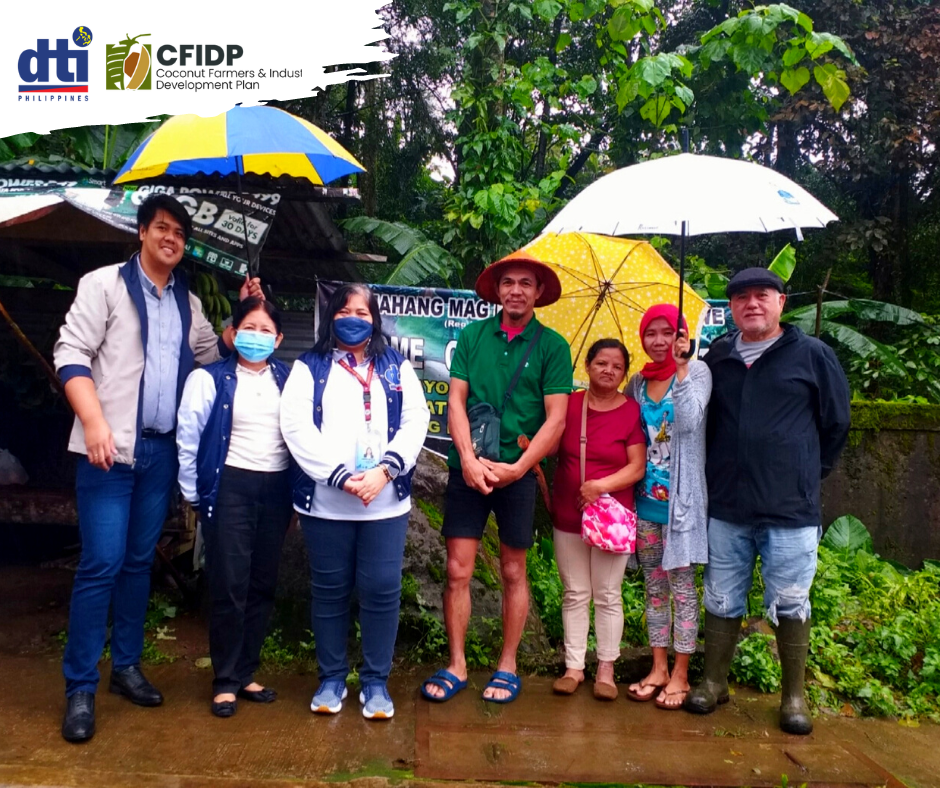 In photo: PD Julieta L. Tadiosa, Ms. Anna Marie V. Quincina (CTIDS, BDD), and Mr. Lawrence Joseph L. Velasco (CFIDP-Project Coordinator), together with Samahan ng Magniniyog ng Tiawe.