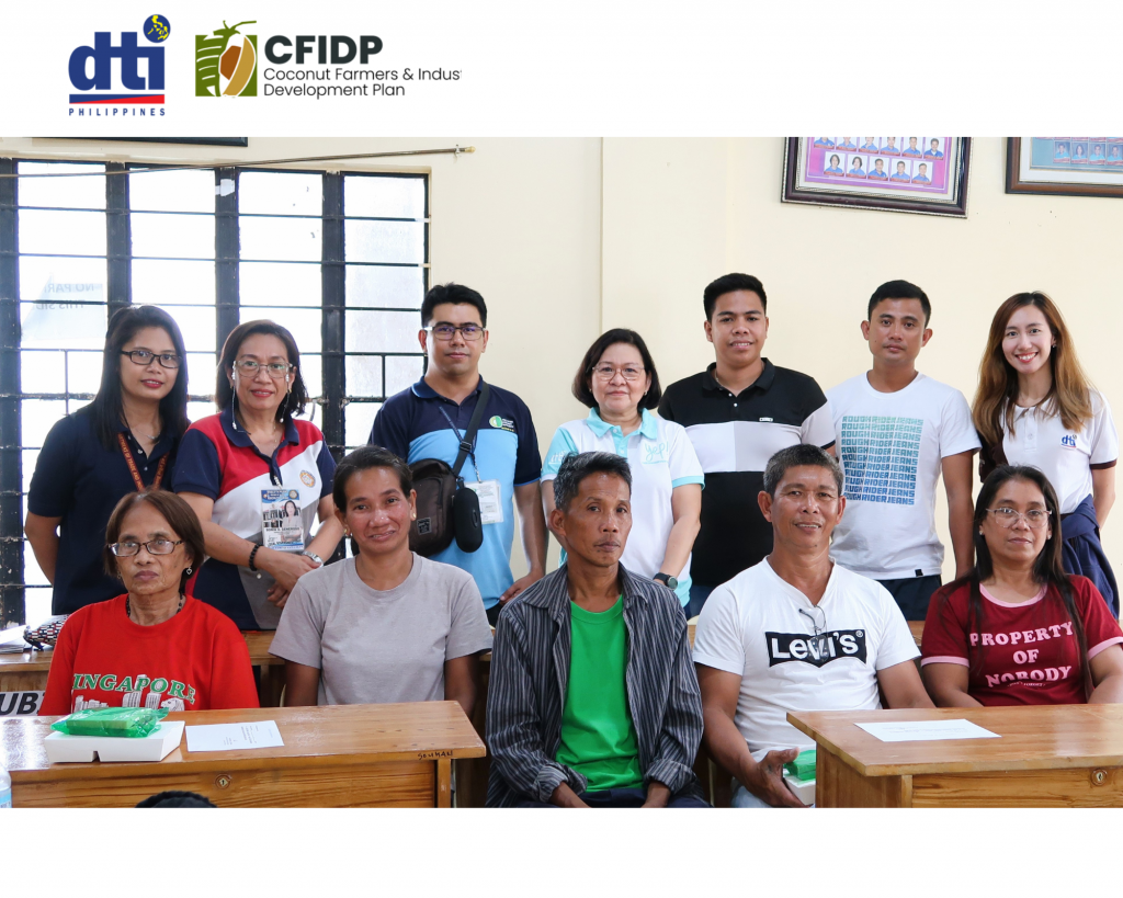 In photo: Senior Trade and Industry Development Specialist Ma. Graciela C. Ledesma, CFIDP Project Coordinator Dara Jannes C. Obmerga, and DTI Negosyo Center Business Counselor Maria Adelle G. Olase, together with Coconut Farmers from Unisan and Agdangan, Quezon