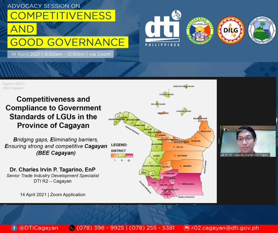 Dr. Charles Irvin Tagarino, Investment Promotion Officer of DTI Cagayan, piloted the presentation proper by discussing the “Competitiveness and Compliance to Government Standards of LGUs in the Province of Cagayan”.