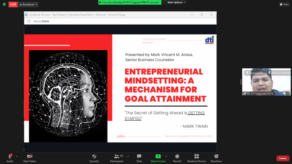 Screen Capture of the speaker's presentation - Entrepreneurial Mindsetting: A Mechanism for Goal Attainment 