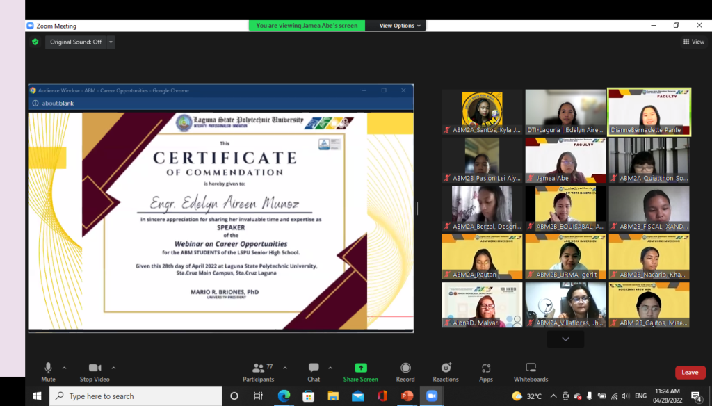 Screen capture of Certificate of Commendation together for the speaker together with the participants of webinar