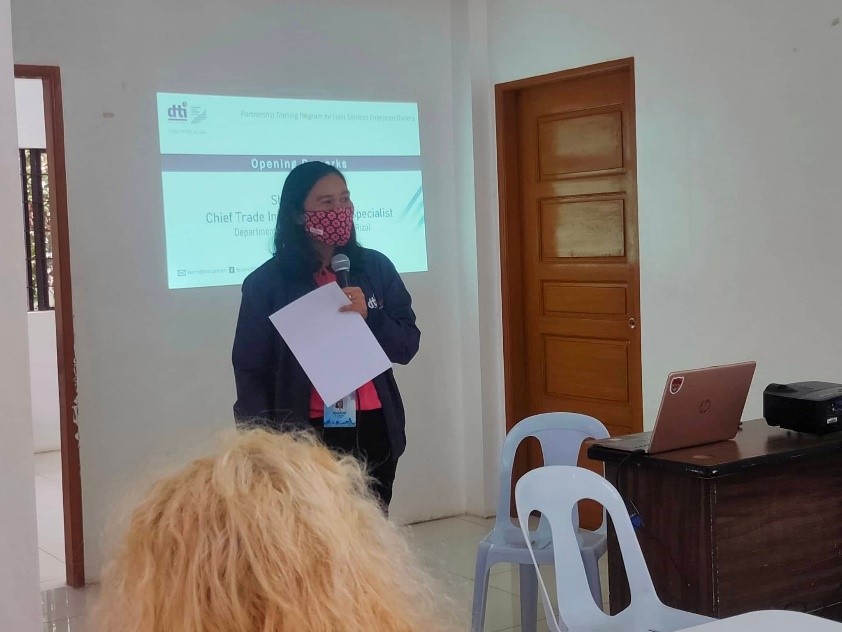 In Photo: Sharon F. Dioco, Division Chief, Business Development Unit, DTI-Rizal, during her opening remarks.  She also delivered the message personally written by Desiderio Jurado III, Provincial Director, DTI-Rizal, who cannot attend the activity due to other important events during the day