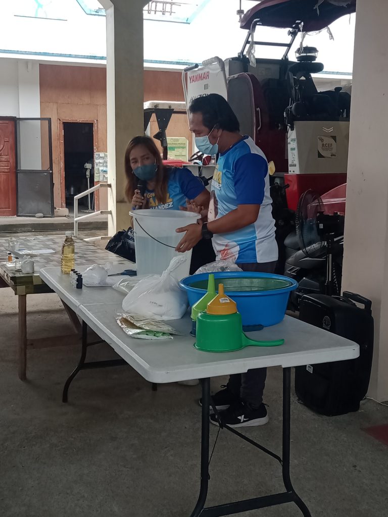 in photo: Orientation and demonstration on the basics of making dishwashing liquid, fabric conditioner, powder detergent, and hand liquid soap