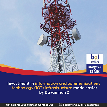 Social Card with text: Investment in ICT infrastructure made easier by Bayanihan 2 and a photo of a cell tower