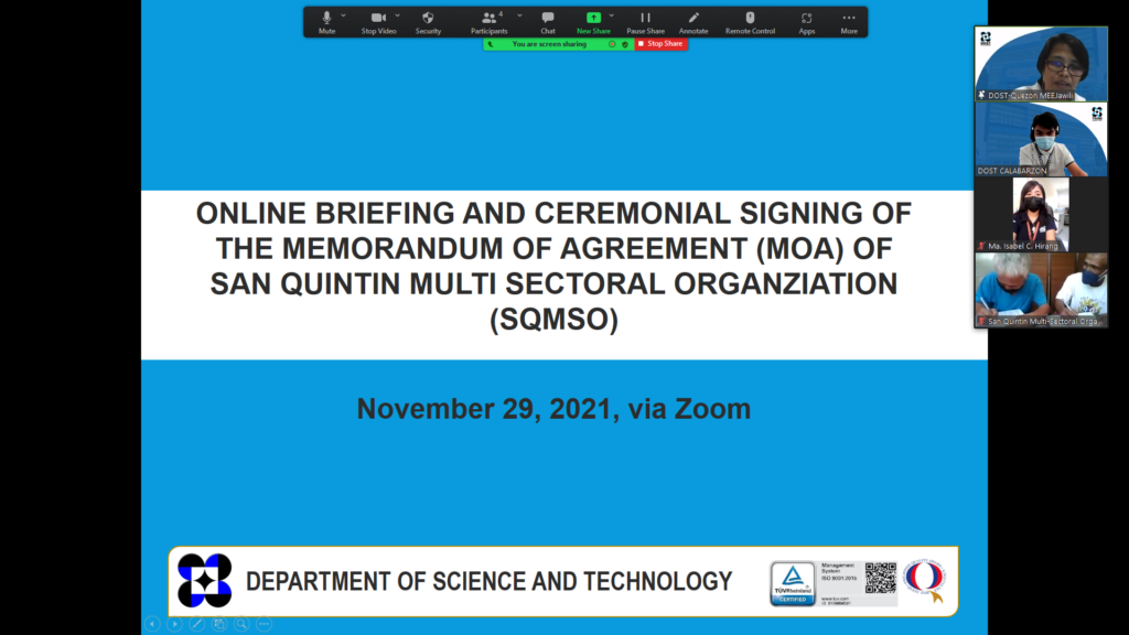 Online Briefing and  Ceremonial Signing of the Memorandum of Agreement for the  Approved GIA-CBP Project of SQMSO 
