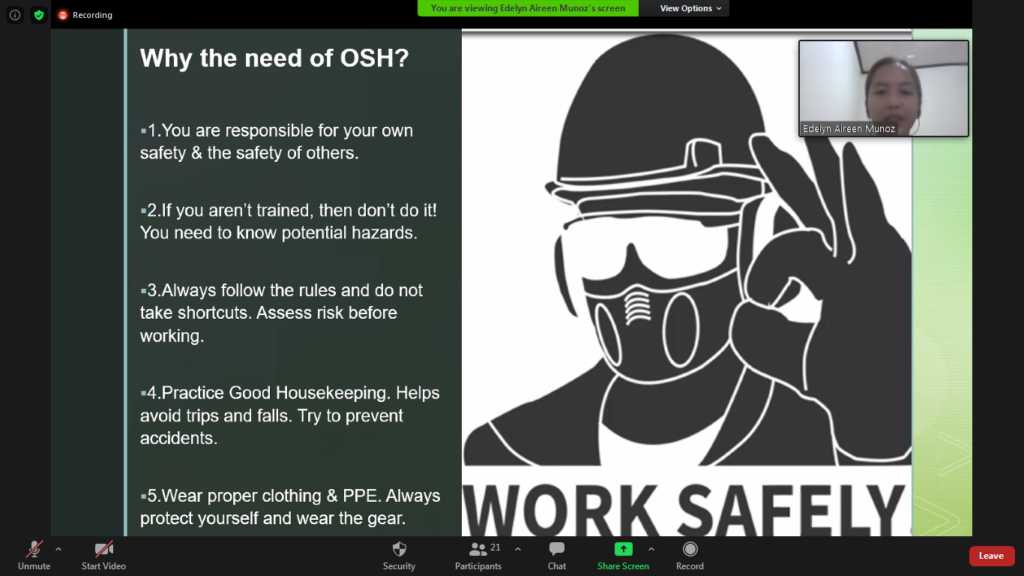 Zoom screenshot of Basic Occupational Safety and Health presentation