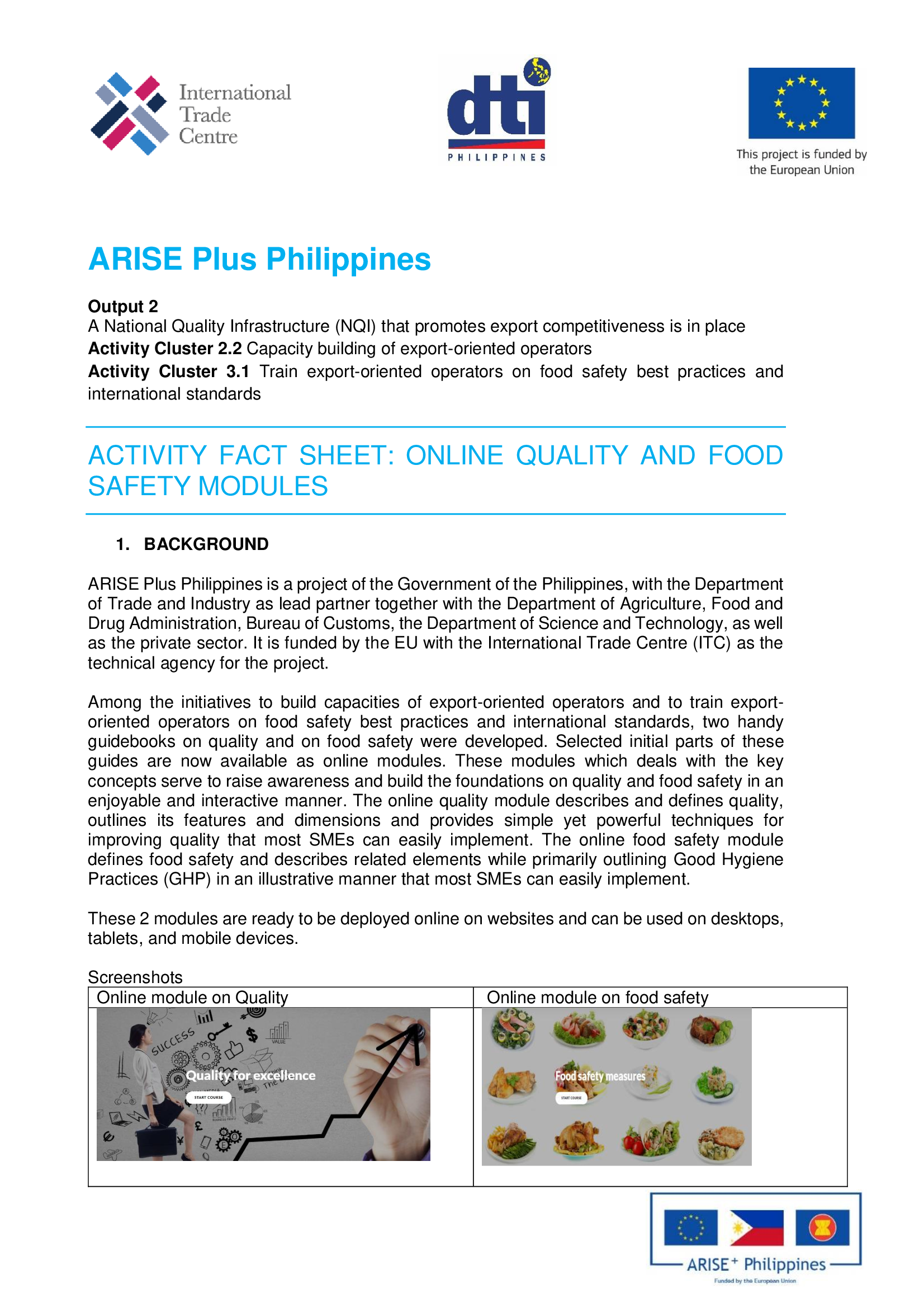 ACTIVITY FACT SHEET: ONLINE QUALITY AND FOOD SAFETY MODULES