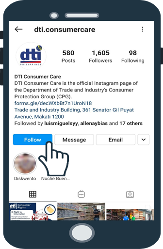 Graphic illustration of a phone screen showing the Instagram account of DTI Consumer Care