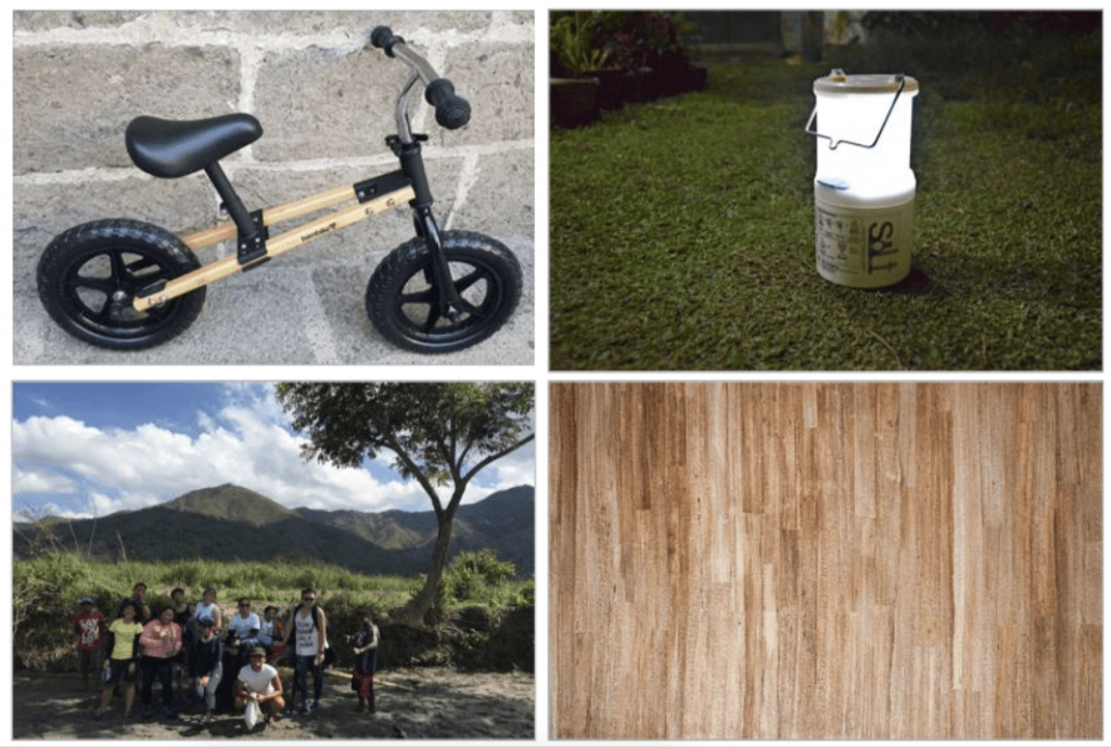 The award winners of ASEAN Design Selection 2018 from the Philippines. Top: Bambino by Bambike / SALt Lamp by SALt Lower: Make a Difference (MAD) Travel / Banana Stalk Wallpaper by Red Palm Ventures