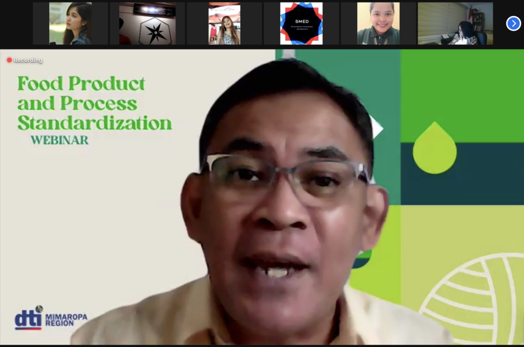 IN PHOTO: Engr. Menandro B. Ortego discusses the different concepts in food product and process standardization during the webinar hosted by DTI MIMAROPA