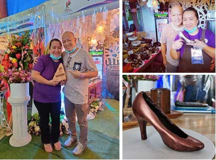 Left: Ms. Dalin and her husband with their 1st Kakaw Festival 2021 top seller trophy. Upper right: The couple with their products. Upper left:  A close-up of their shoe-shaped chocolate