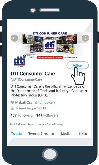 Graphic illustration of a phone screen showing the search results of "DTI Consumer Care" on Twitter