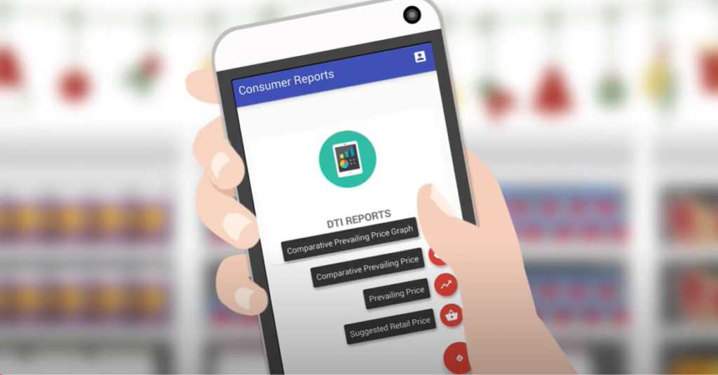 Graphic showing a consumer accessing the Consumer Reports section of the e-Presyo app