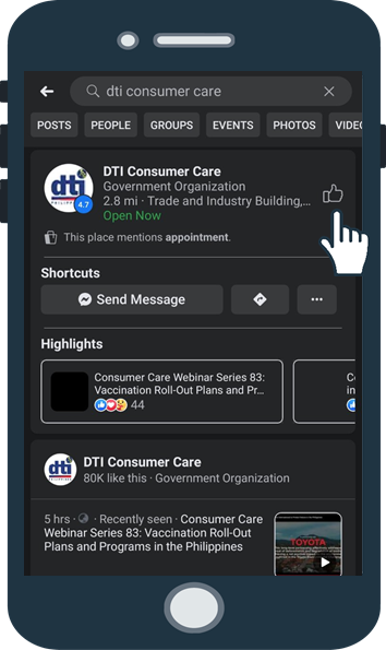 Graphic illustration of a phone screen showing the search results of "DTI Consumer Care" on Facebook