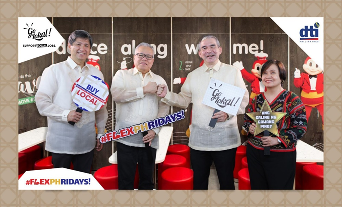 DTI and Jollibee #FlexPHridays campaign partnership-: DTI Secretary Ramon M. Lopez proudly poses with Mr. Jose Minana, Chief Sustainability Officer of Jollibee Foods Corp. Together with them are Atty. Raul Academia, Vice President - Head of Public Affairs of Jollibee Foods Corp, and DTI BDTP Diector. Marievic M. Bonoan. 