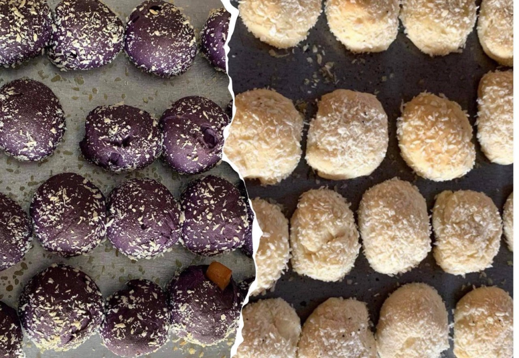 Side by side photos of ube-cheese and regular pandesal ready for baking