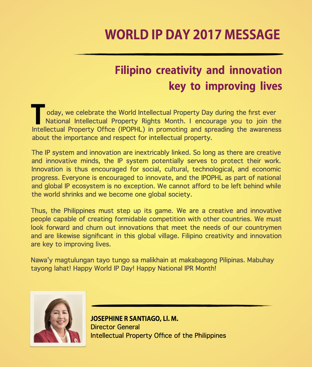 IPOPHL Message for World Intellectual Property Day 2017
