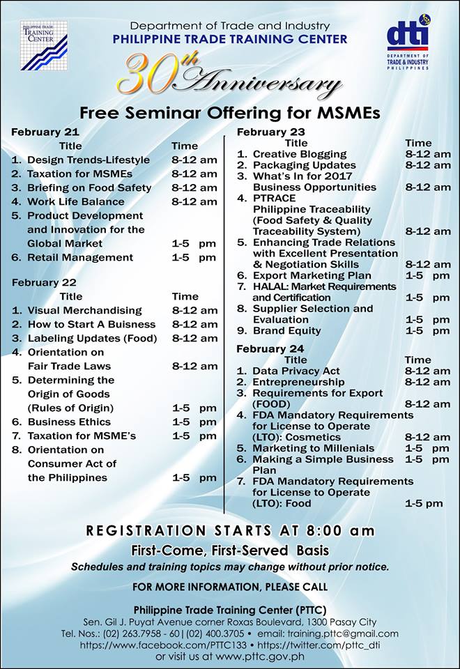 Schedule of MSME Seminars Department of Trade and Industry Philippines