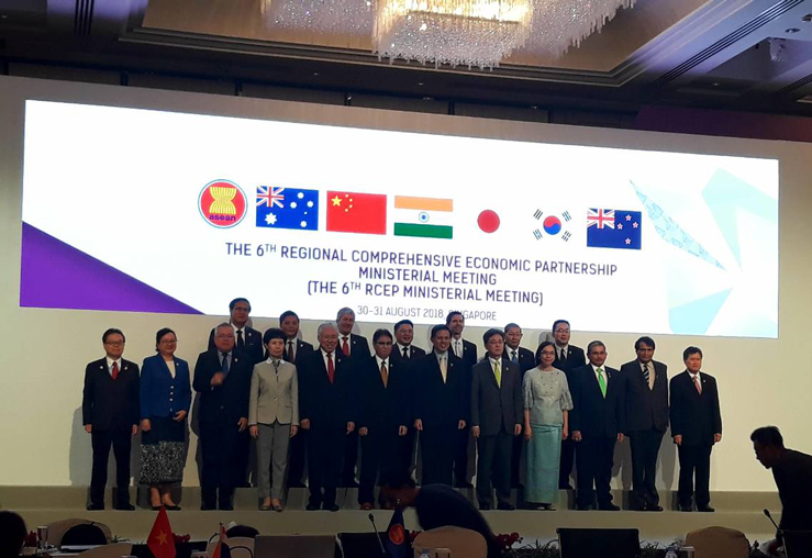 The sixteen (16) Regional Comprehensive Economic Partnership (RCEP) Ministers from ASEAN, Australia, China, India, Japan, Korea and New Zealand standing for a photo op.